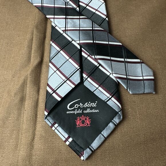 CORSINI Men's 7 Fold 100% Silk Tie Black Grey Burgundy Striped ~ Seven Fold Tie - Picture 7 of 11